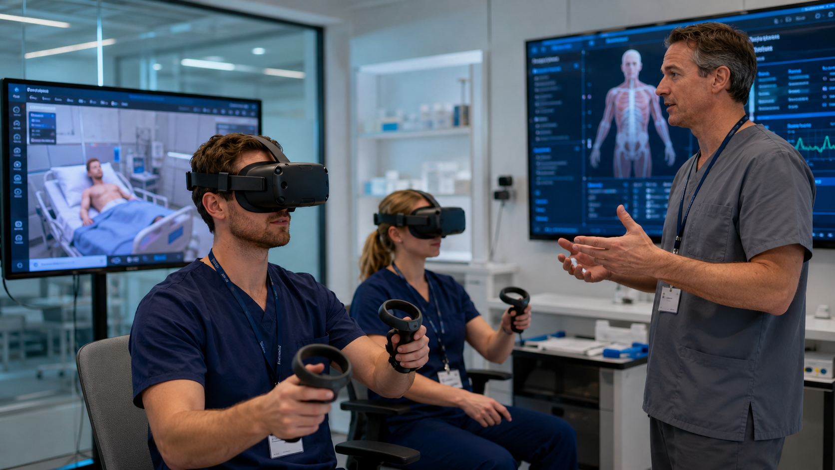 Instructor leading VR simulation training with clinical staff